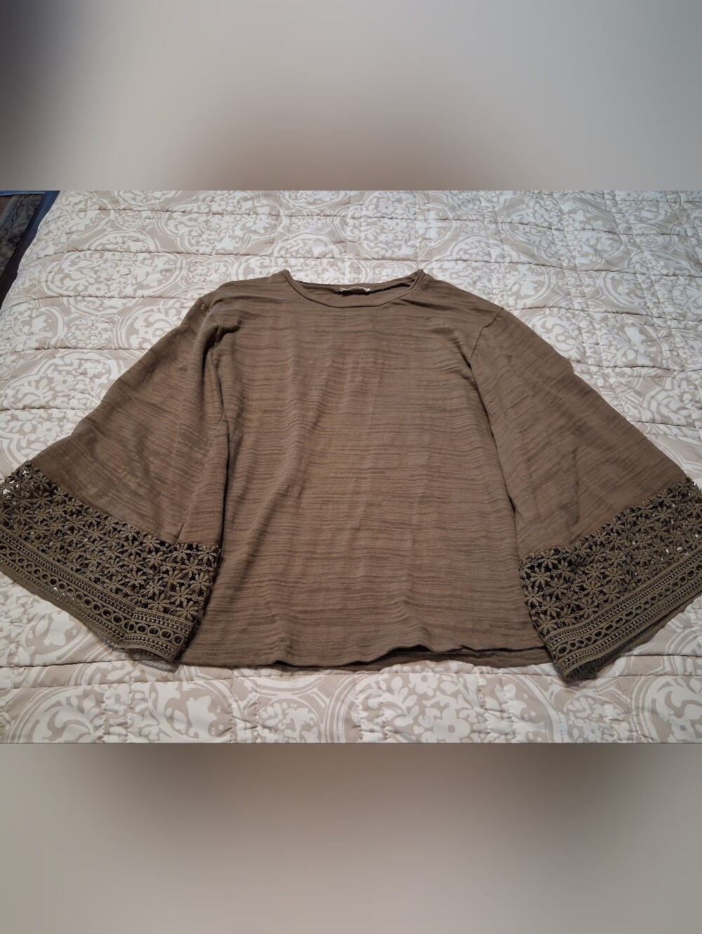 Women's Taupe Bell Sleeve Top with Crocheted Trim 100 Percent Cotton